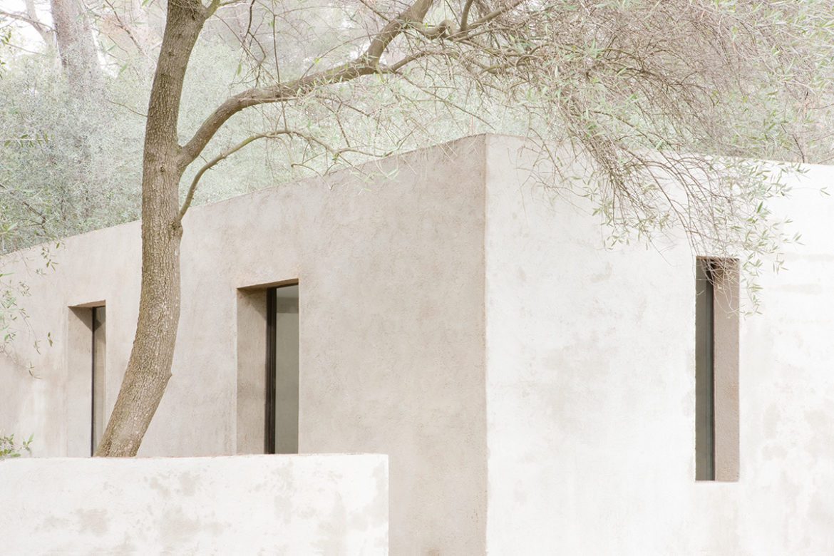 a white stone building with a tree hanging over it