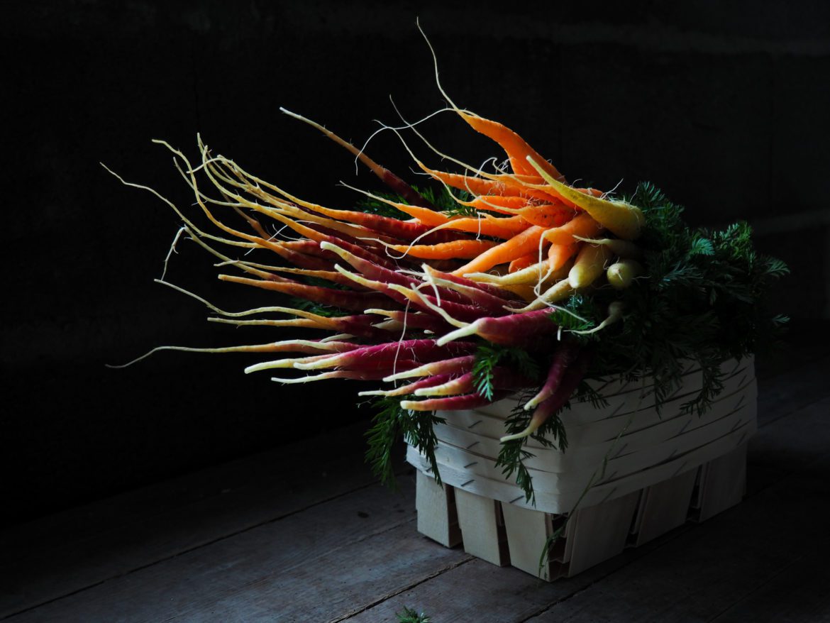bunch of carrots with long roots on a box