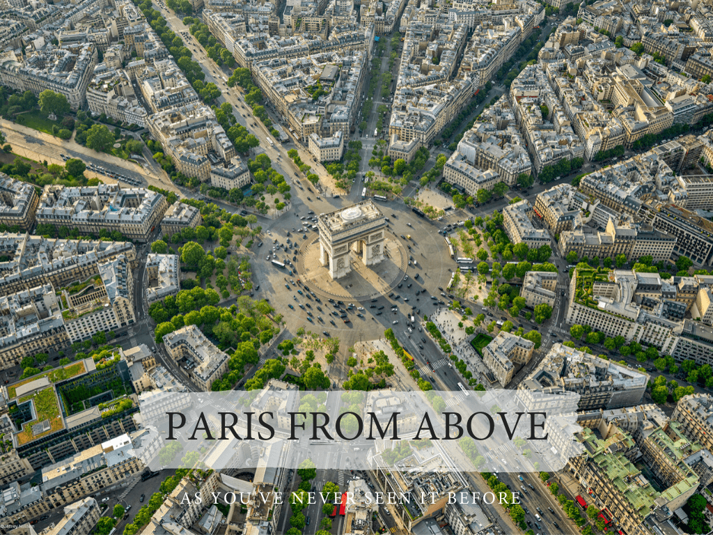 an arial view over the Arc de Triomphe in Paris
