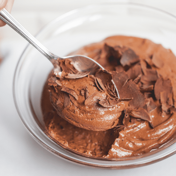 Alain Ducasse Chocolate Mousse a glass bowl of chocolate mousse
