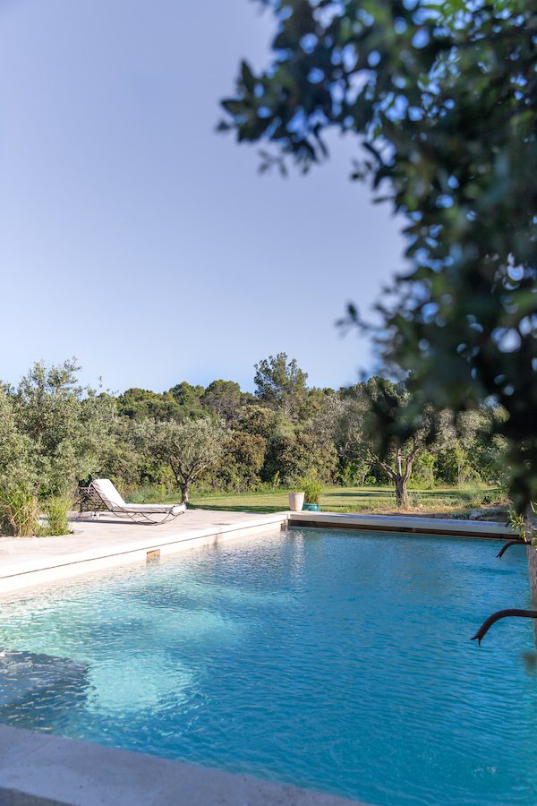 a clear blue pool with foliage around the outside