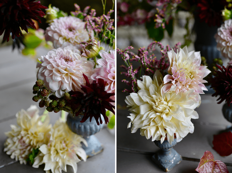 close up shots of small dahlia bouquets