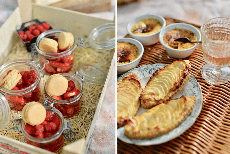 macarons with raspberries in jars and individual tarte tatin