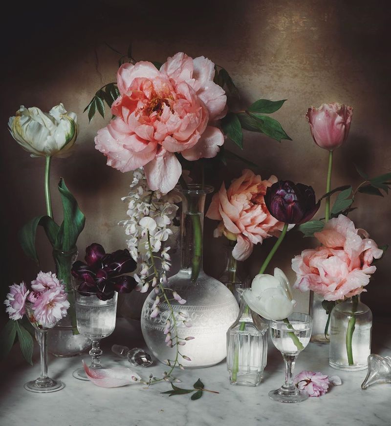 various pink flowers arranged in various glass vases 