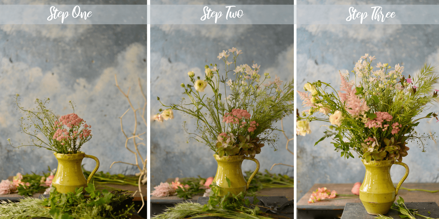 three steps in creating a bouquet, using a mustard yellow pot