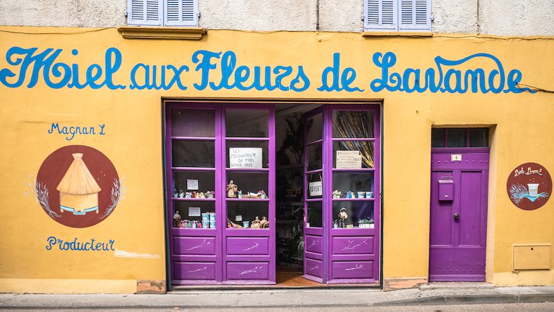 the front of a lavender honey shop in provence