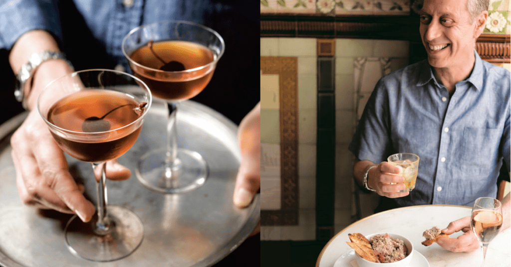 a cocktail being served, a man eating aperitif