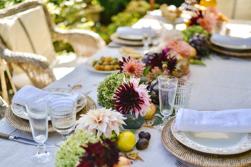 french tablescape with colorful flowers