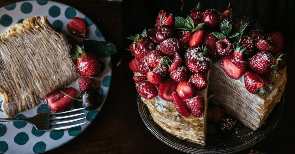 a crepe cake with red fruit