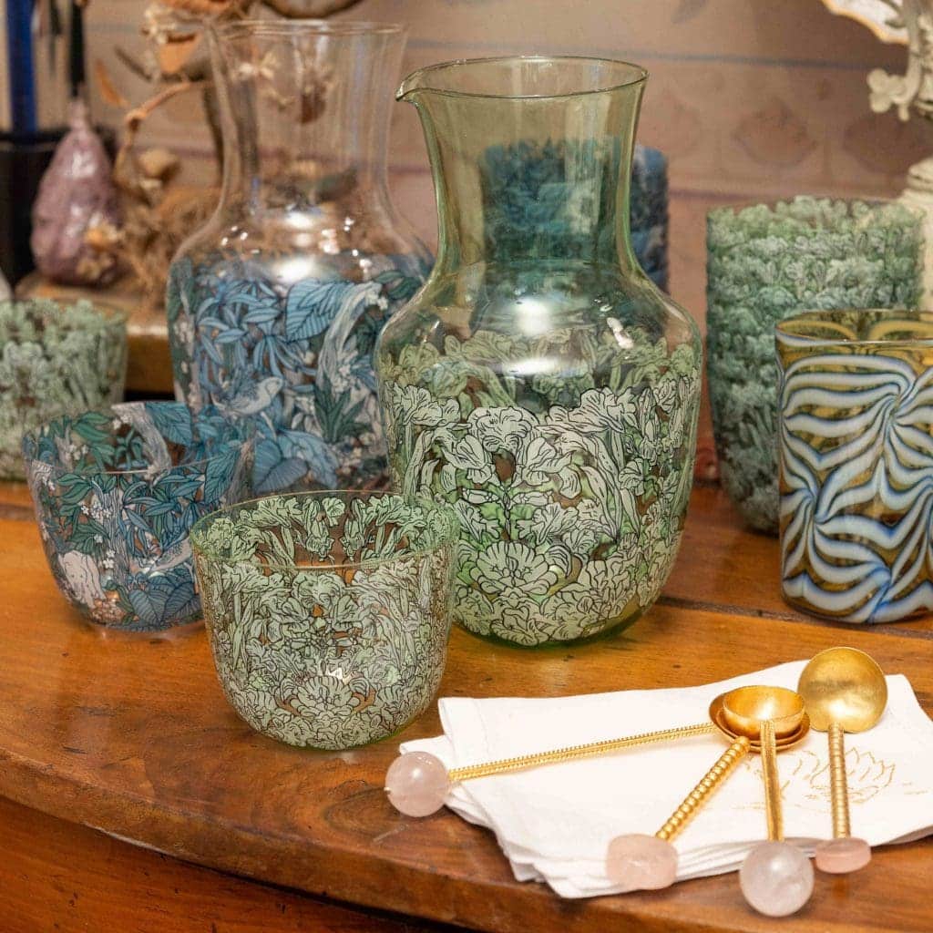 hand-painted glass carafes and glasses