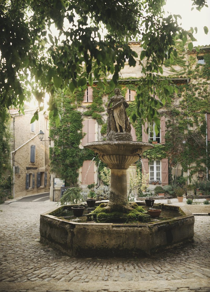 a fountain in front of a foliage covered house