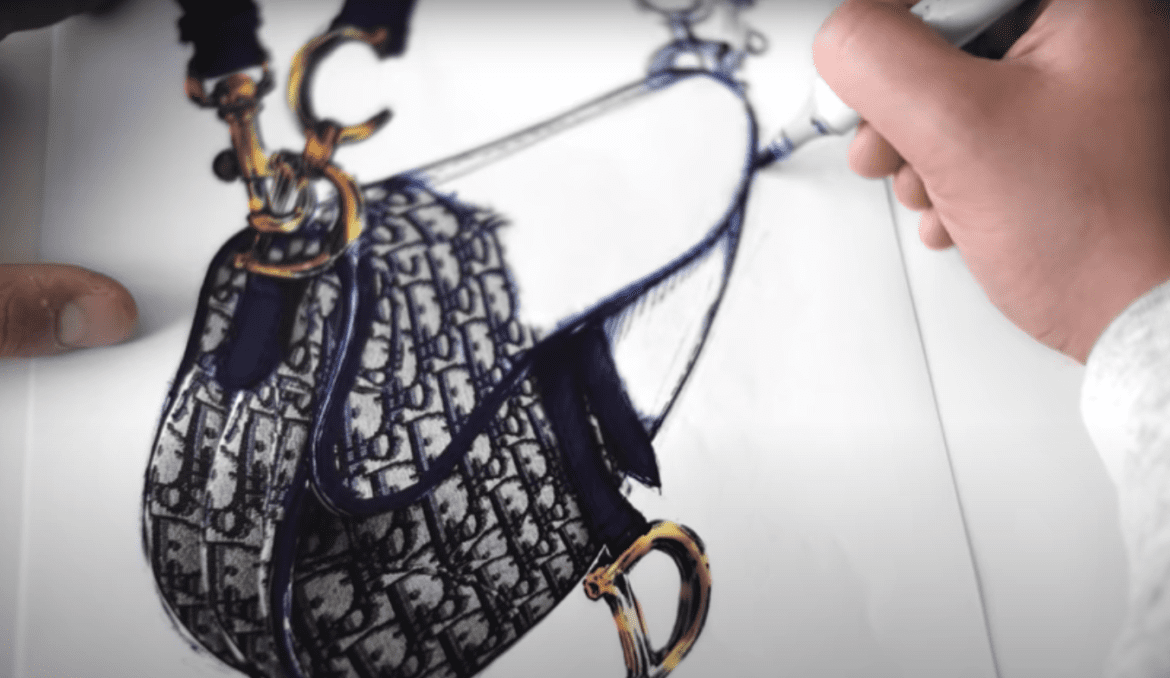 a hand drawing a fashion drawing of a bag