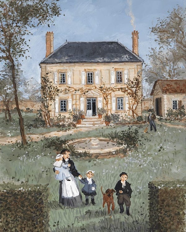 figurative painting of country home and family