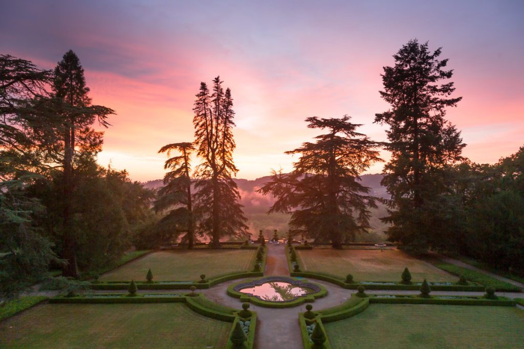 french garden at sunset