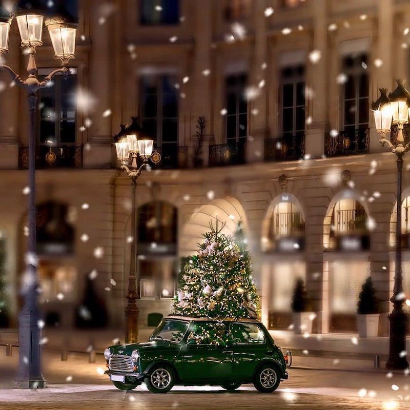 green car with christmas tree