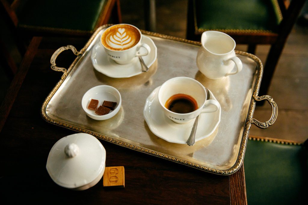 french cafe with tray and coffee