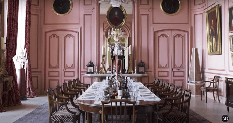 pink dining room in chateau