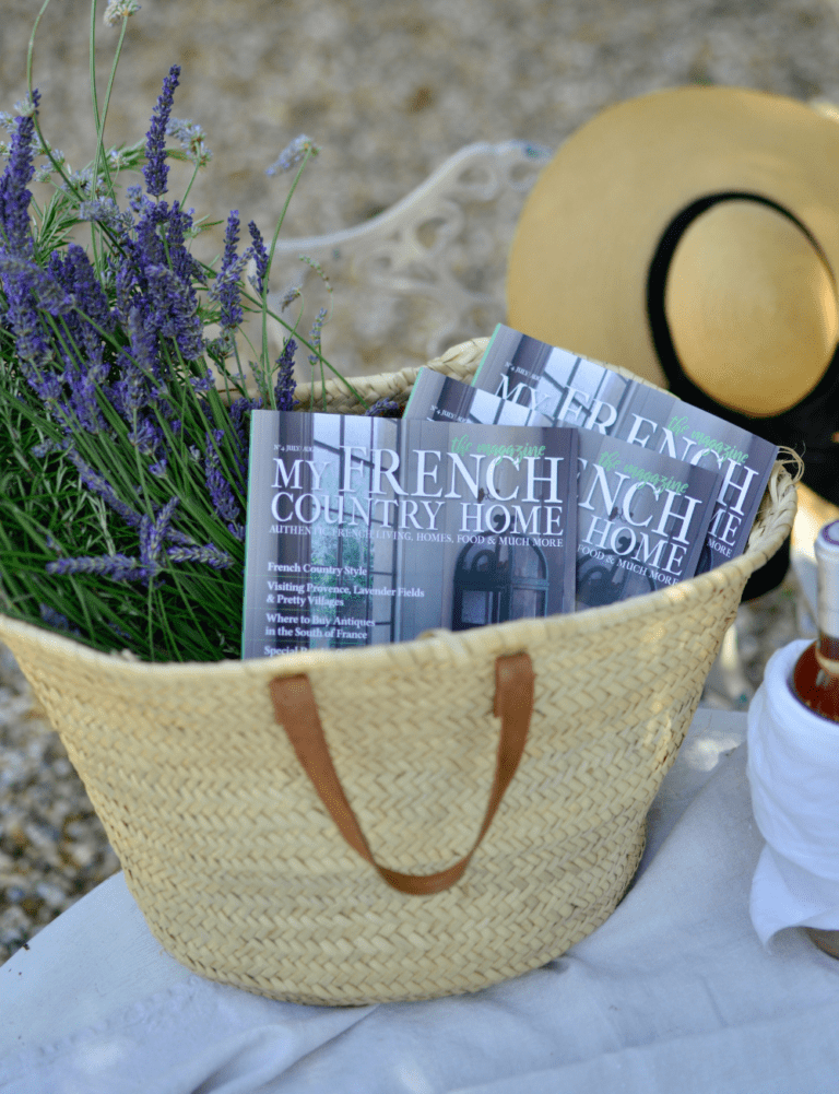 a bag of magazines with lavender
