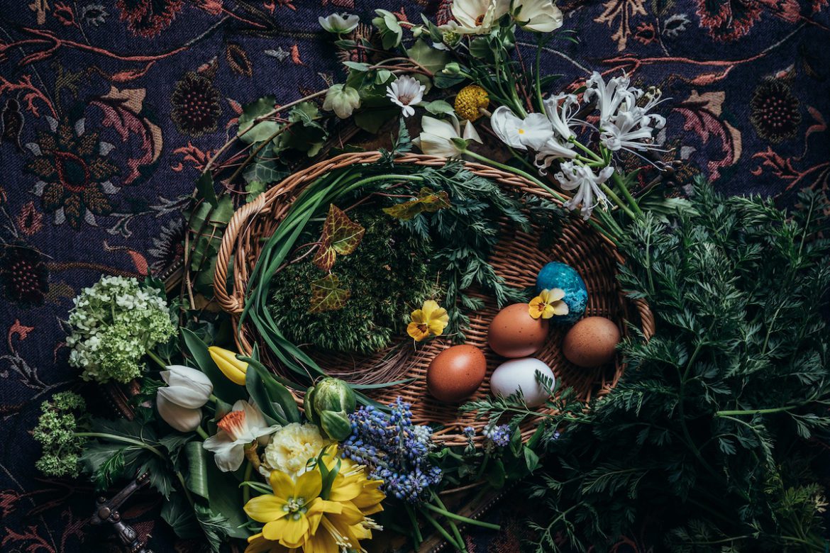 easter eggs basket and flowers