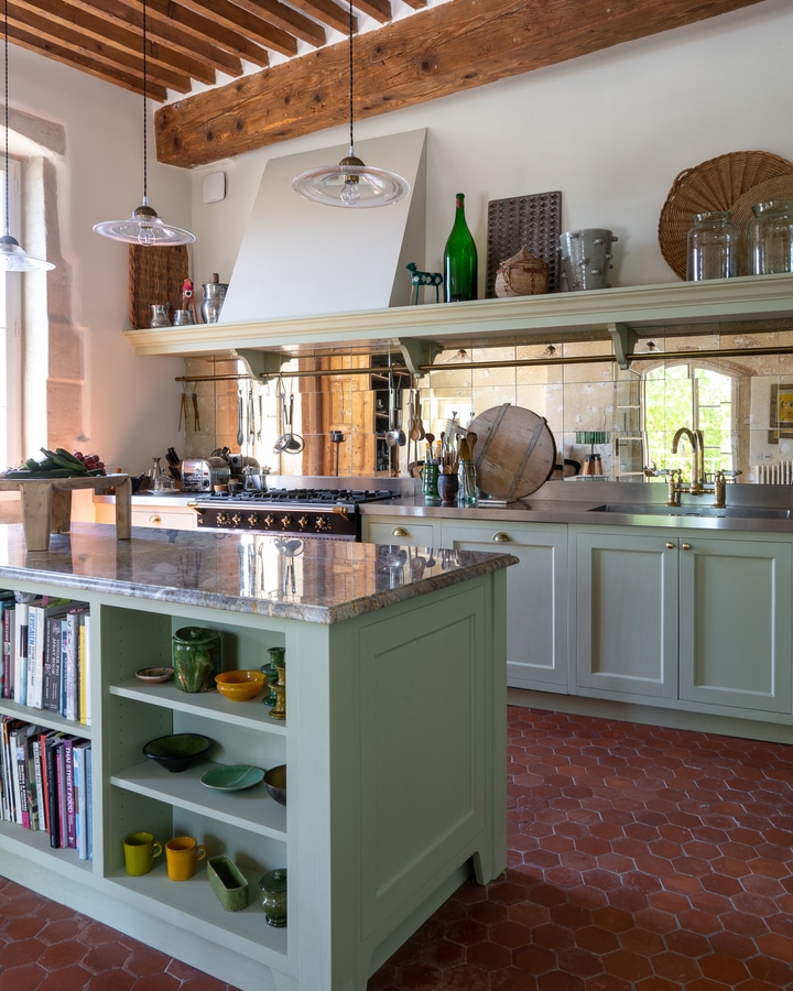 Green kitchen island and countertop - French Kitchen Design Inspiration