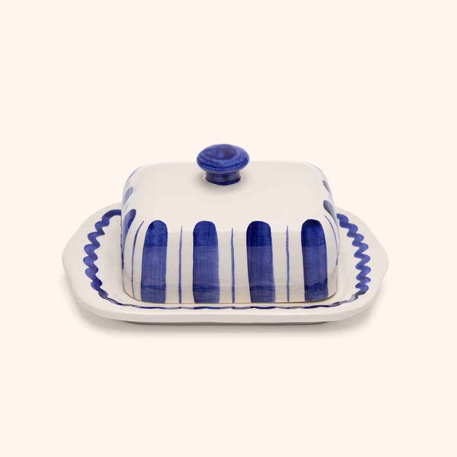 ceramic butter dish in blue and white