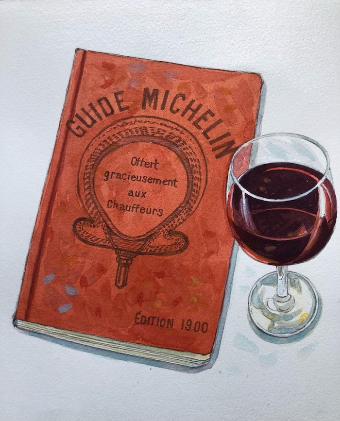 michelin guide and wine illustration by celine chollet