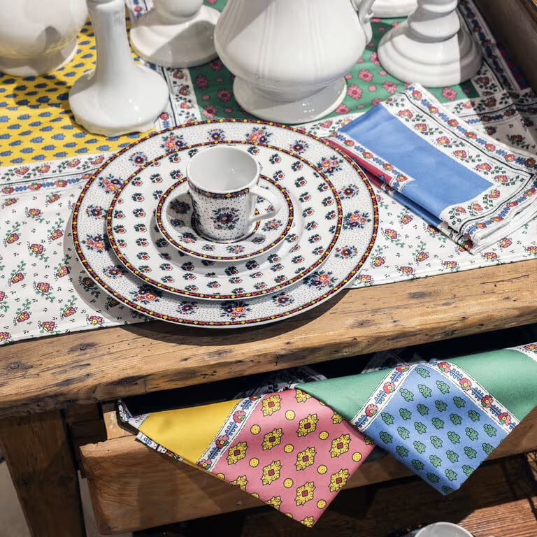 Patterned dishes at the Souleiado showroom at the Bon Marché