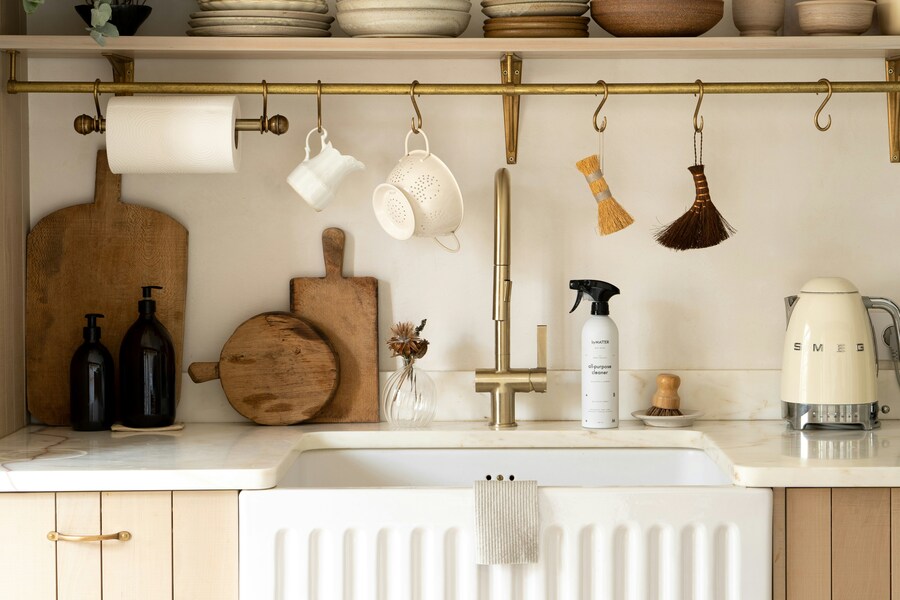 Clean and tidy kitchen with hanging pots - French interior Design