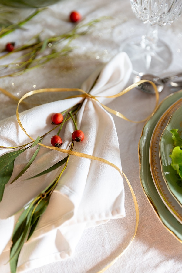 French holiday decorations, white linen napkins