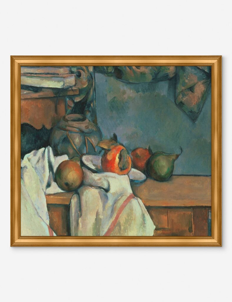 Still life painting with fruit on a table.