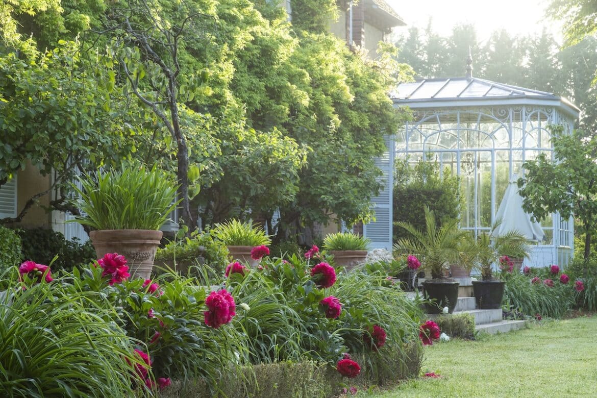 Jardins du Grand Courtoiseau in Triguères, France with lush greenery and blooming magenta dahlias.