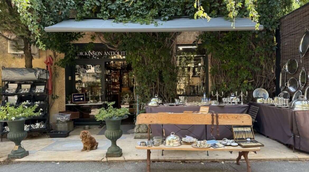 French antique market display featuring silver service on tables and benches, with a small dog sitting at the entrance.
