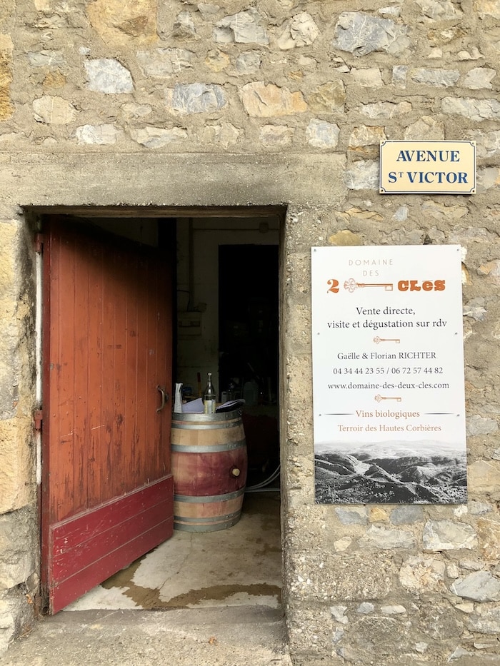 Domaine des Deux Cles cave entrance in Occitanie, France.